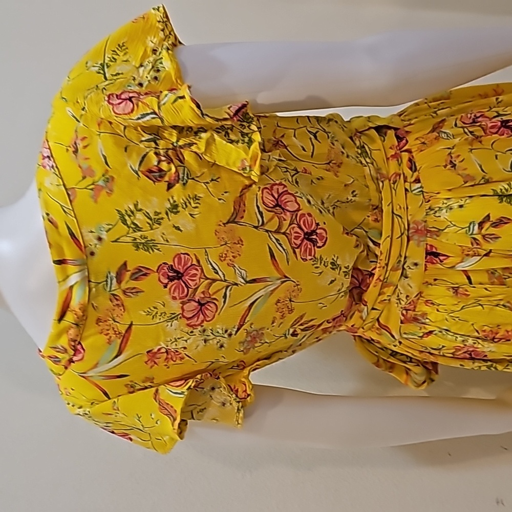 Sofia Womens Yellow Maxi Dress  Floral Short Sleeve Ruffle Size S - Picture 6 of 12